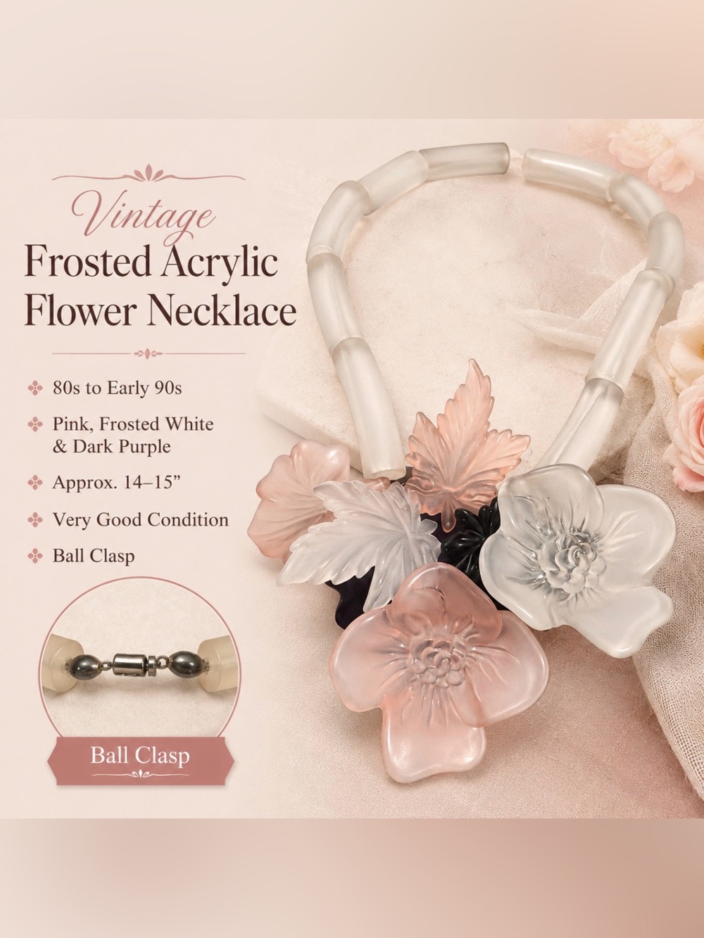 Vintage Statement Floral Lucite Necklace in Frosted Pink and Frosted White